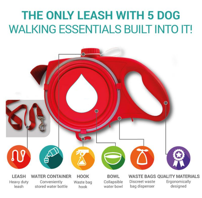 The 5 in 1 Dog Leash (Water Bottle/Waste Bag Storage/Bowl)